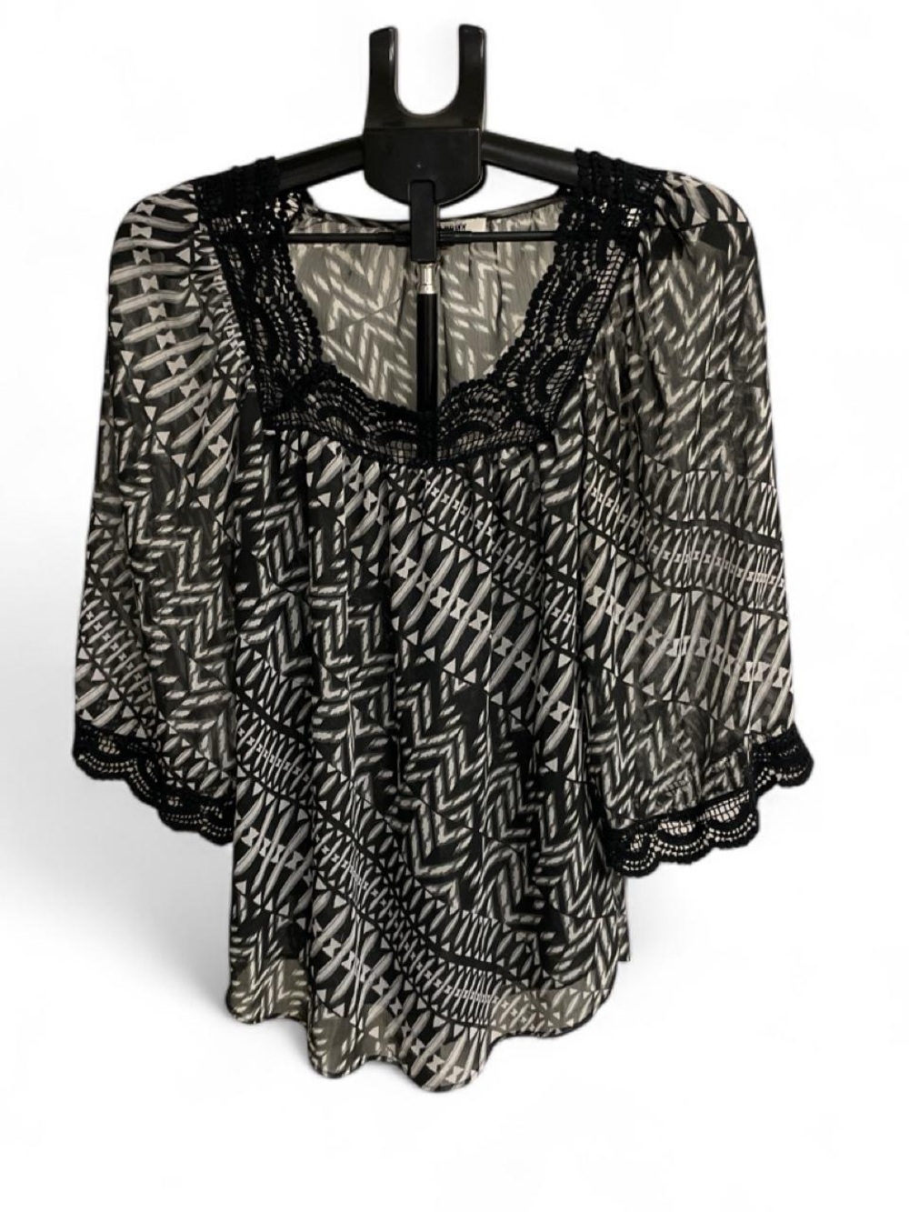 Woven Pattern Black and White Sheer Lace-Trim Women's Top